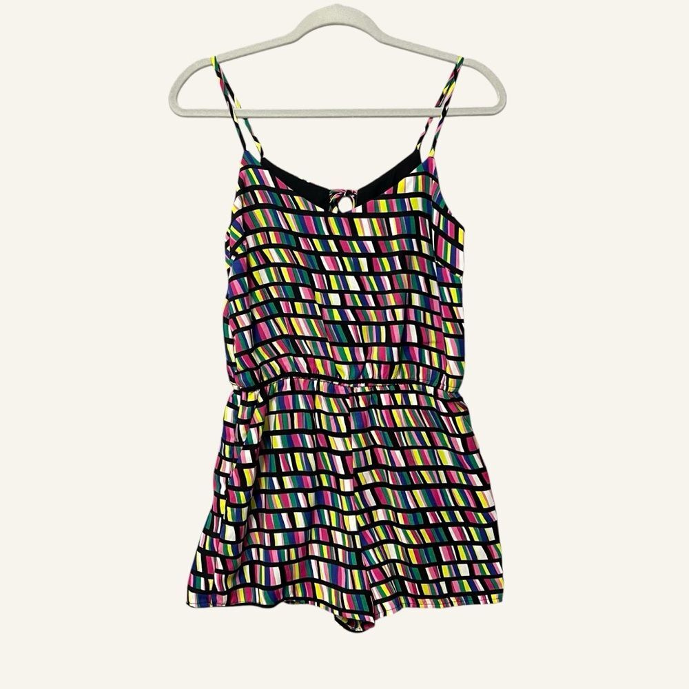 love...ady Vintage 80's Geometric Print Romper XS Black Colorful Festival